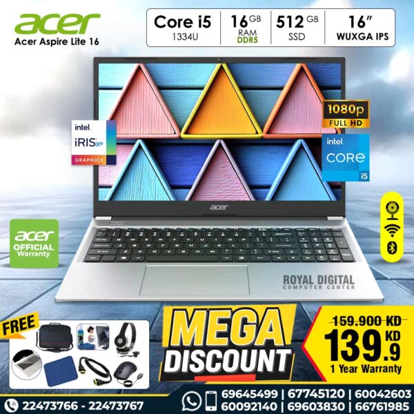 Acer Aspire Lite 16 | Intel Core i5 1334U / 16 GB DDR5 / 512 GB / 16 inches / 1 year warranty