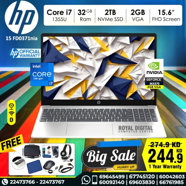 HP 15 FD0371nia 13th Generation Core i7 32 GB Ram 2TB NVMe SSD 2GB VGA 15.6 inch Full HD