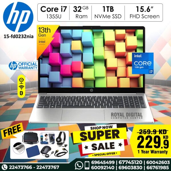 HP Laptop 15-fd0232nia - Core i7 1335U 13th Gen 32GB Ram 1TB NVMe SSD 15.6inch FHD  Display