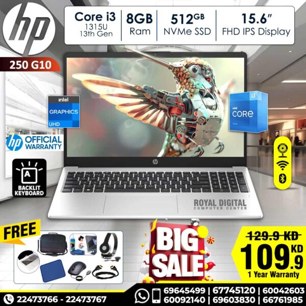 HP 250 G10 13th Generation Core i3 8GB Ram 512GB NVMe SSD 15.6 inch Full HD