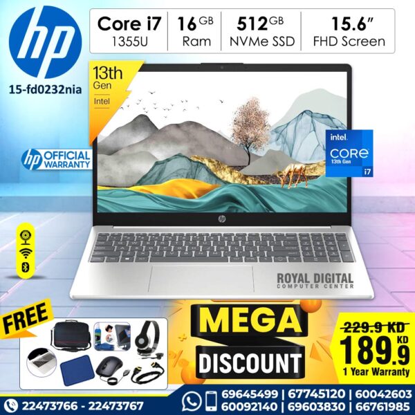 HP 15- FD0146NE 13th Generation Core i7 16GB Ram 512GB NVMe SSD 2GB VGA 15.6 inch Full HD